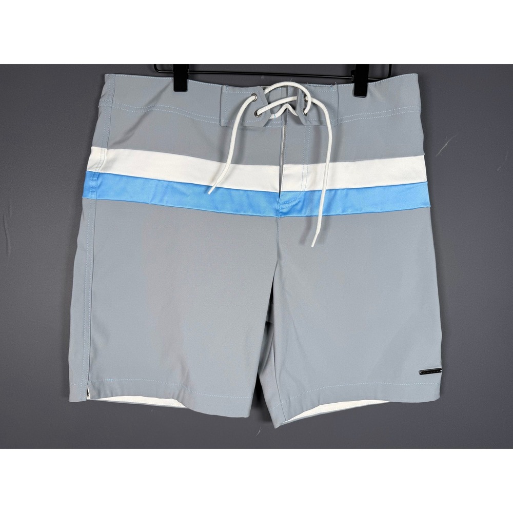 Parke & Ronen Mens Grey Blue Stripe Board Shorts Swim Trunks Size 32 7" Inseam